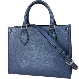 Tote Bag On The Go Giant Monogram Implant Leather Navy Blue PM